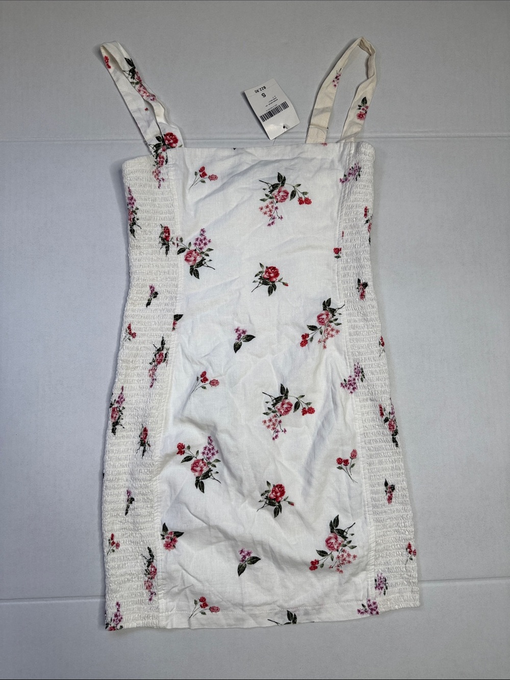 Forever 21 White Floral Smocked Mini Dress with Pink & Red Blooms